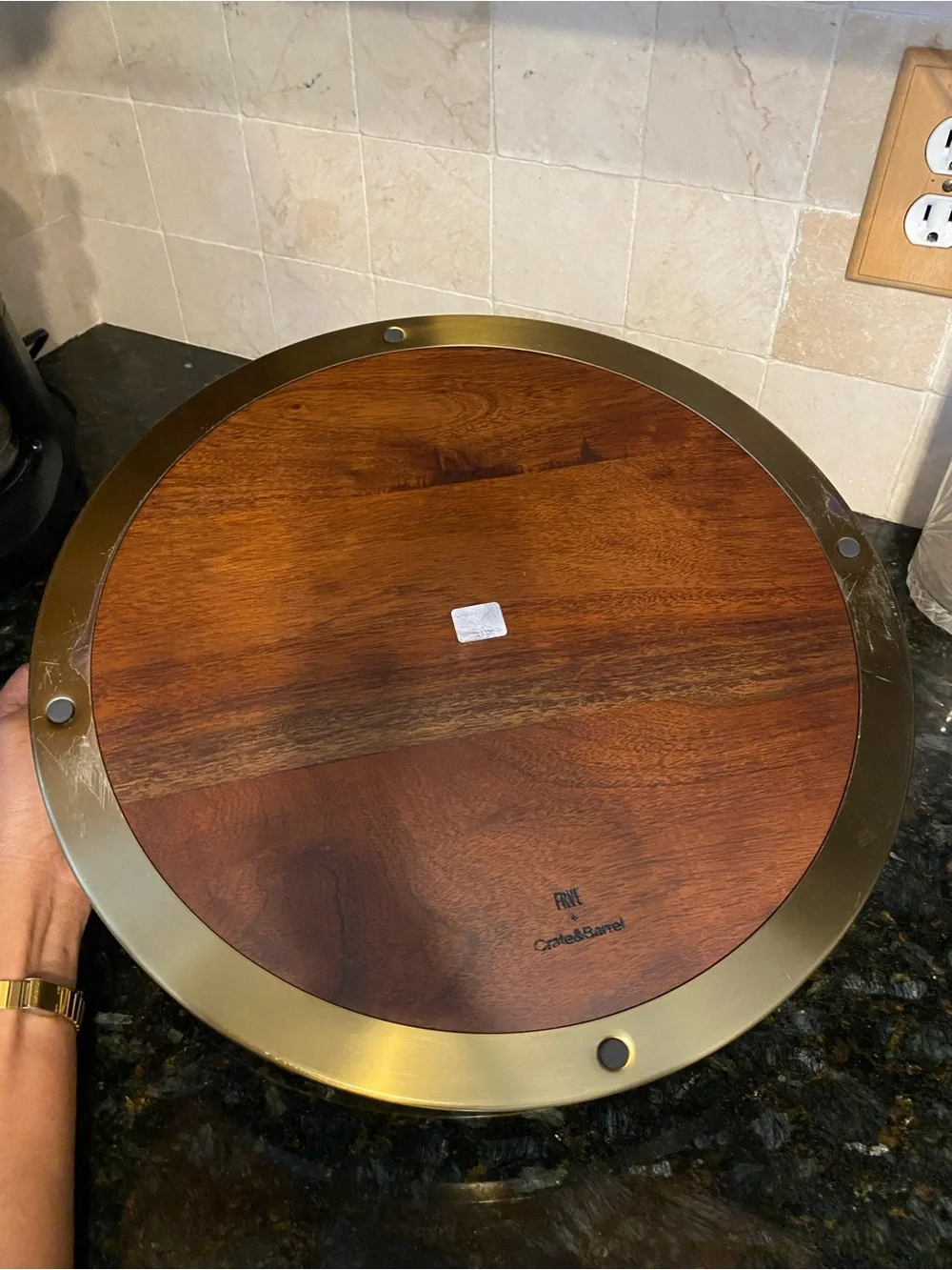 Crate and Barrel X Fryed Brown Wood and Gold Metal Serving Tray EUC